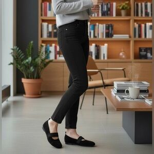 THIERRY RABOTIN women’s black suede Mary Jane ruffle strap shoes size 38.5 US 8